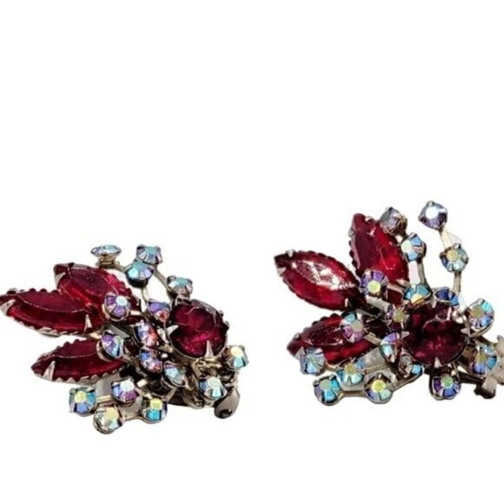 Vintage Prongset Red Rhinestone Brooch clip earrings - Picture 3 of 10